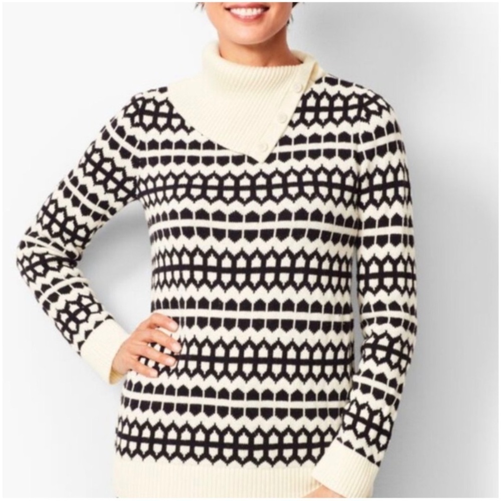 TALBOTS Fisherman Black Ivory Geometric Pattern Cowl Neck Sweater Size M